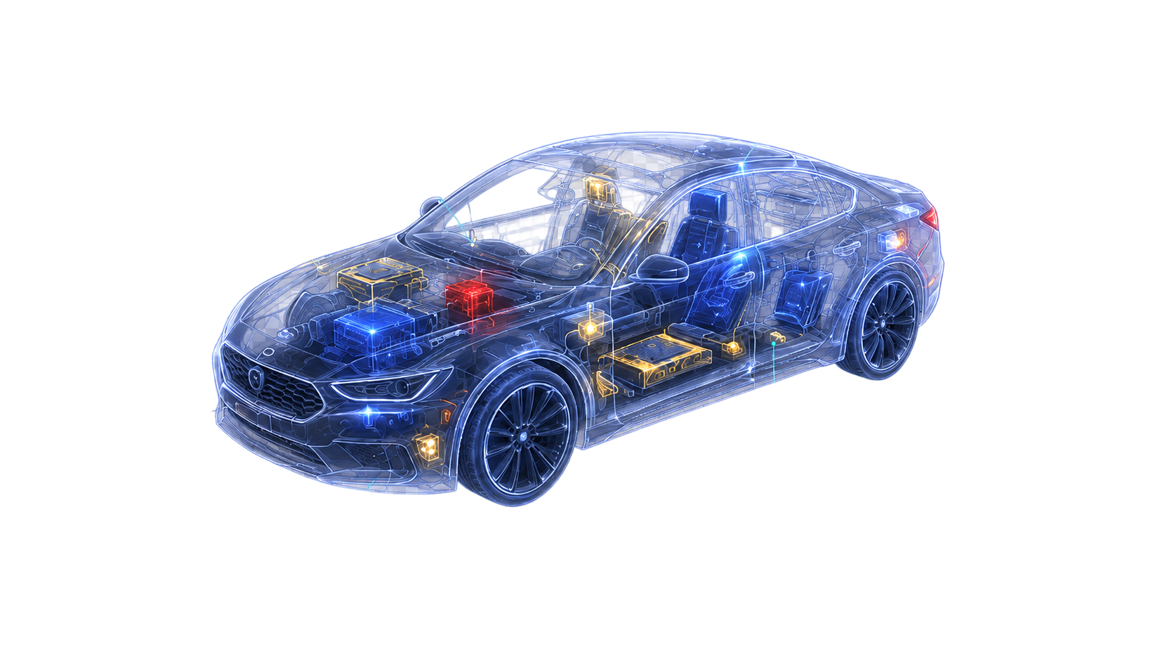 Cybersecurity x-ray view of a connected vehicle showing internal components highlighted by risk level