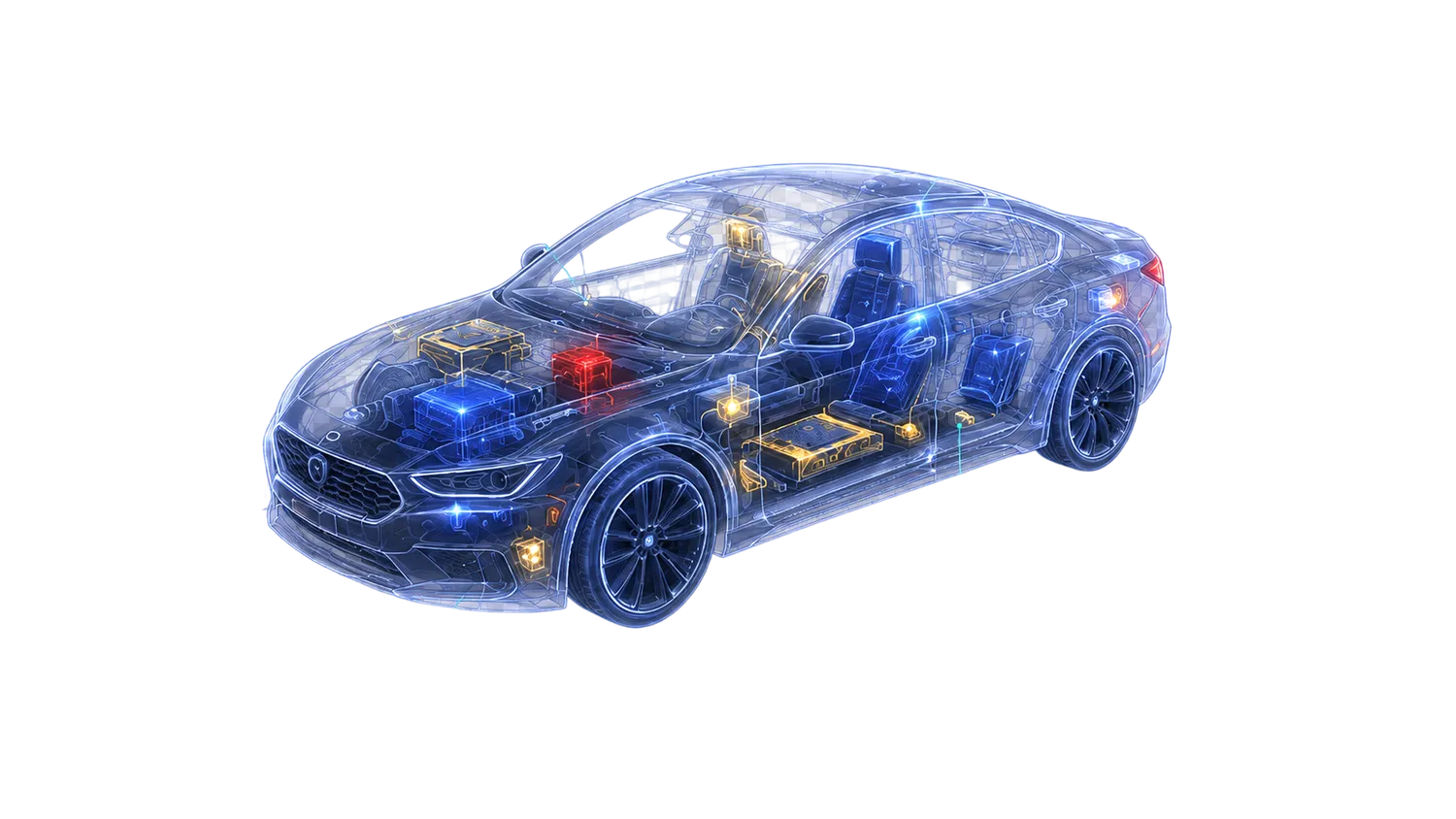 Cybersecurity x-ray view of a connected vehicle showing internal components highlighted by risk level